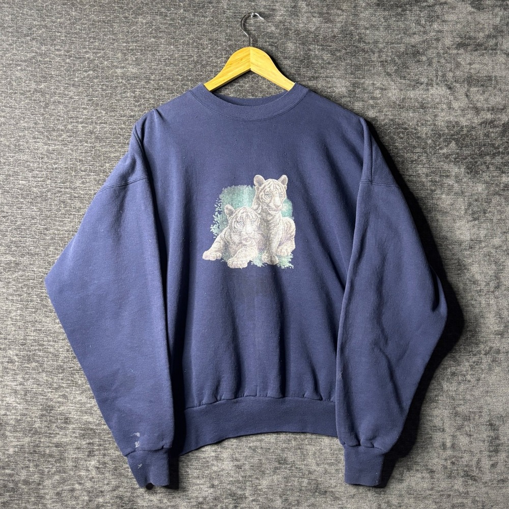 Vintage 90s Nature Sweatshirt White Tiger Cub Graphic Navy XL Hanes ComfortBlend